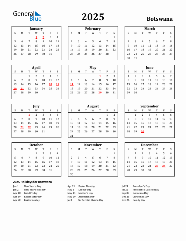 2025 Botswana Holiday Calendar - Sunday Start