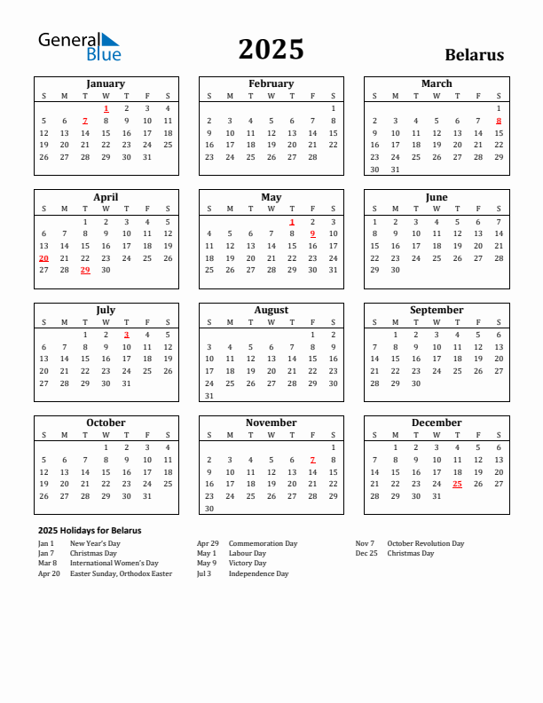 2025 Belarus Holiday Calendar - Sunday Start