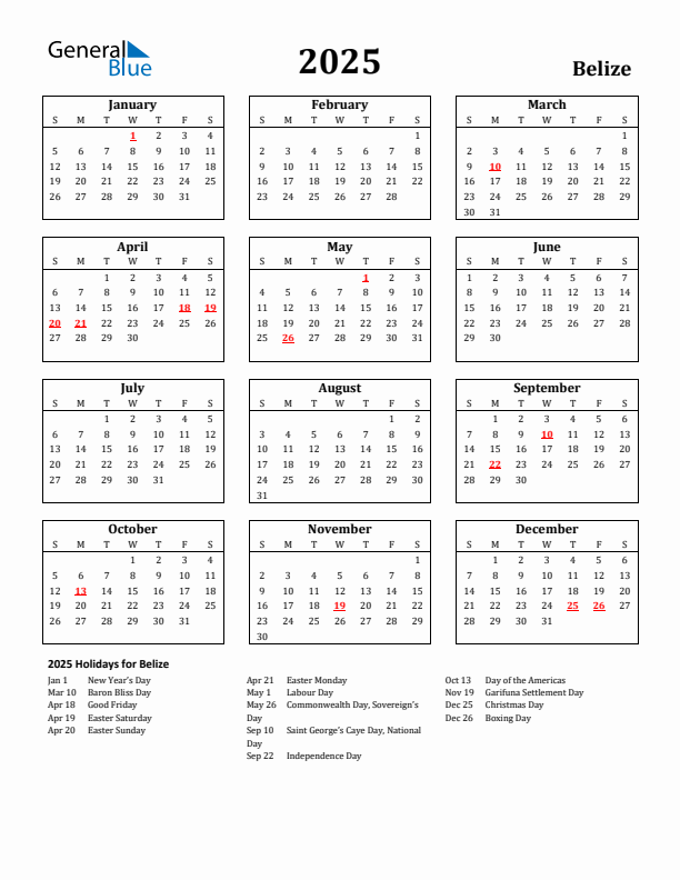 2025 Belize Holiday Calendar - Sunday Start