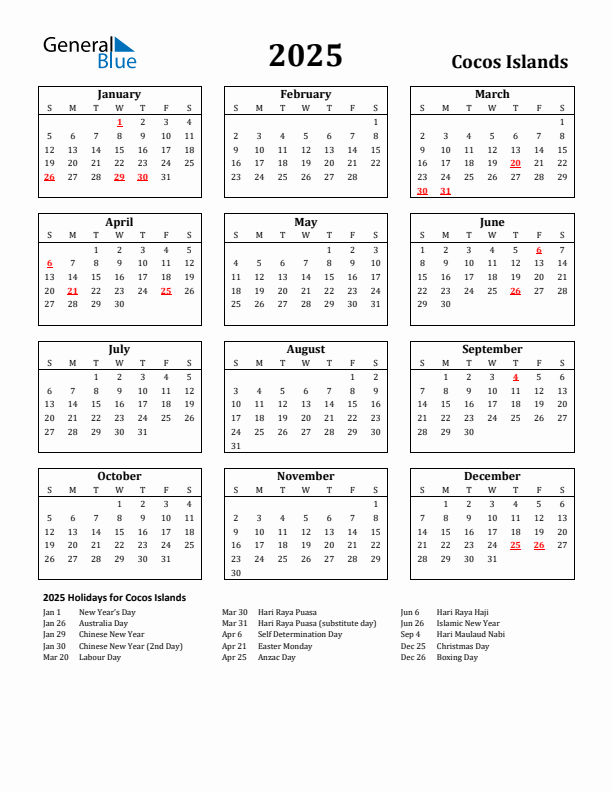 2025 Cocos Islands Holiday Calendar - Sunday Start