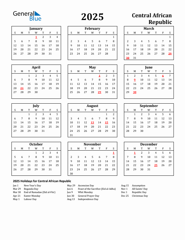 2025 Central African Republic Holiday Calendar - Sunday Start