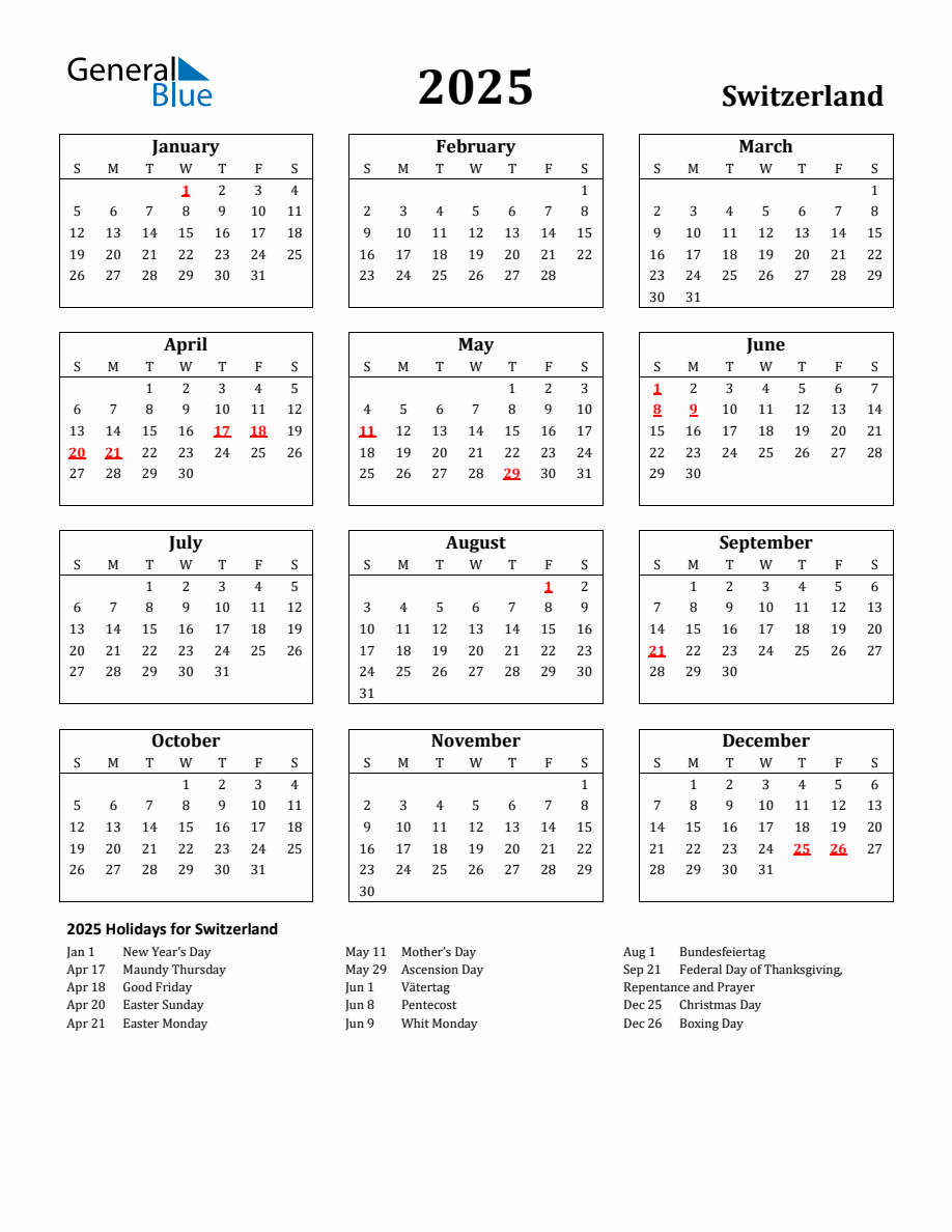 Free Printable 2025 Switzerland Holiday Calendar