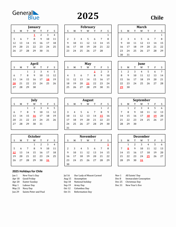 2025 Chile Holiday Calendar - Sunday Start