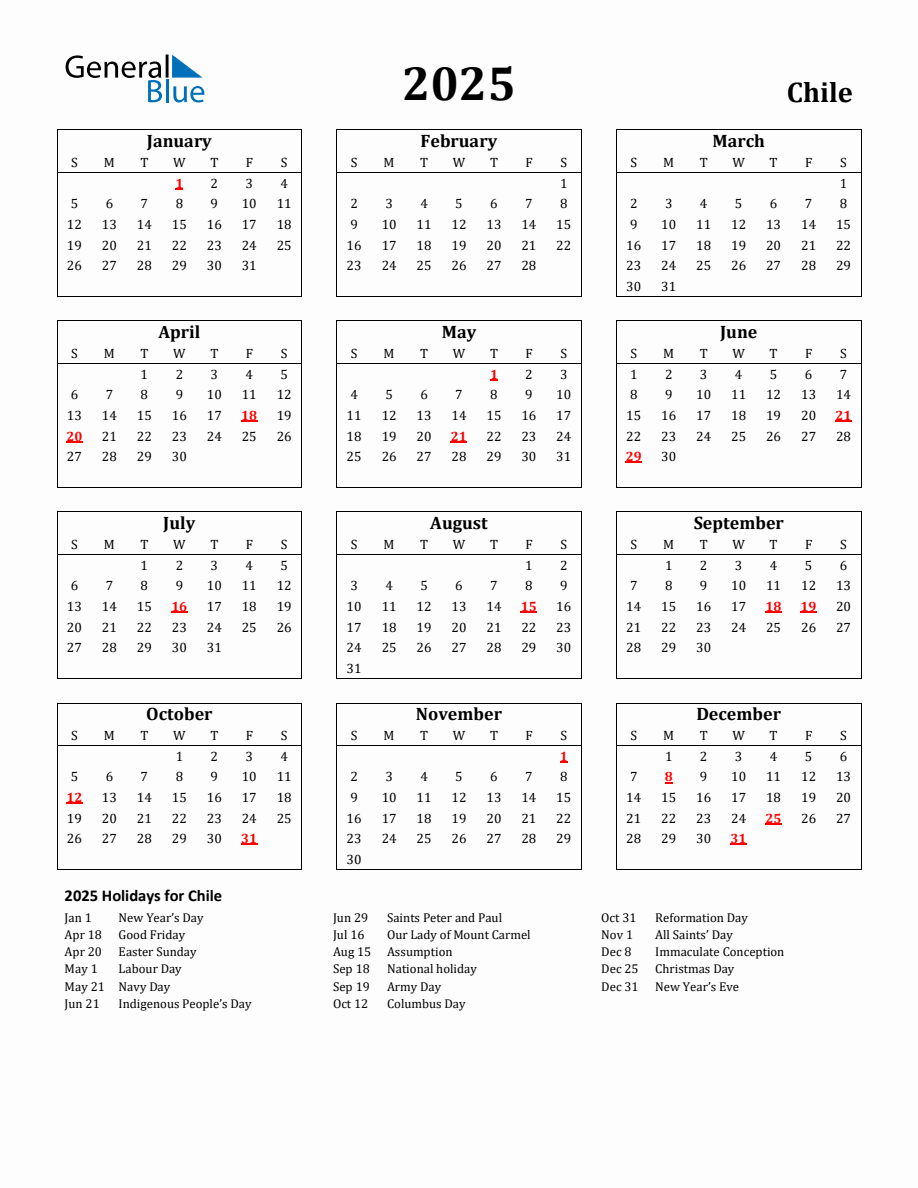 Free Printable 2025 Chile Holiday Calendar