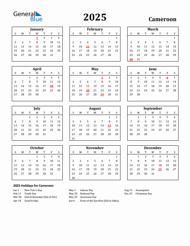 2025 Cameroon Holiday Calendar - Sunday Start