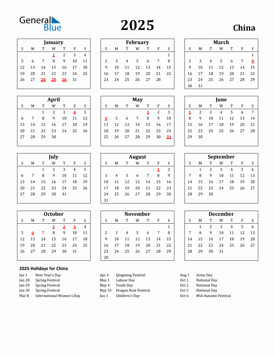 Free Printable 2025 China Holiday Calendar