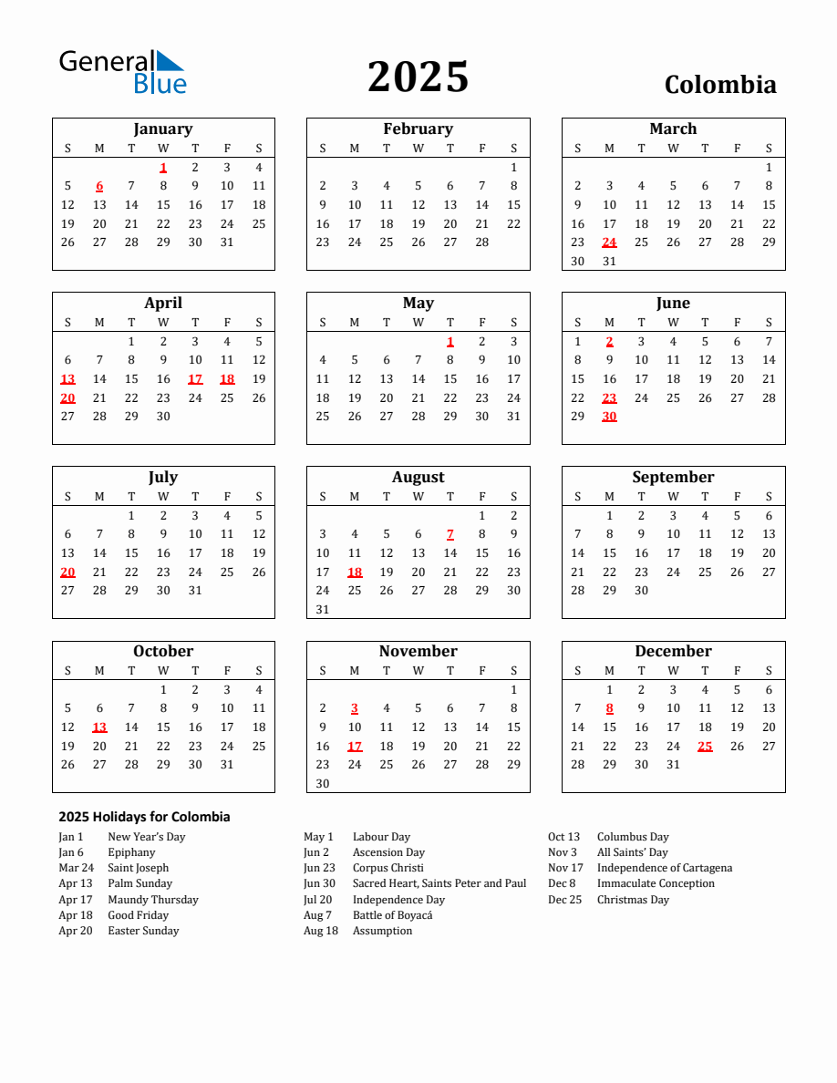 Free Printable 2025 Colombia Holiday Calendar