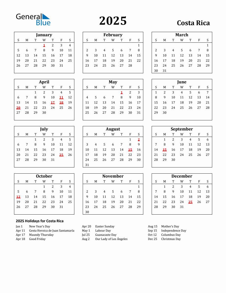 Free Printable 2025 Costa Rica Holiday Calendar