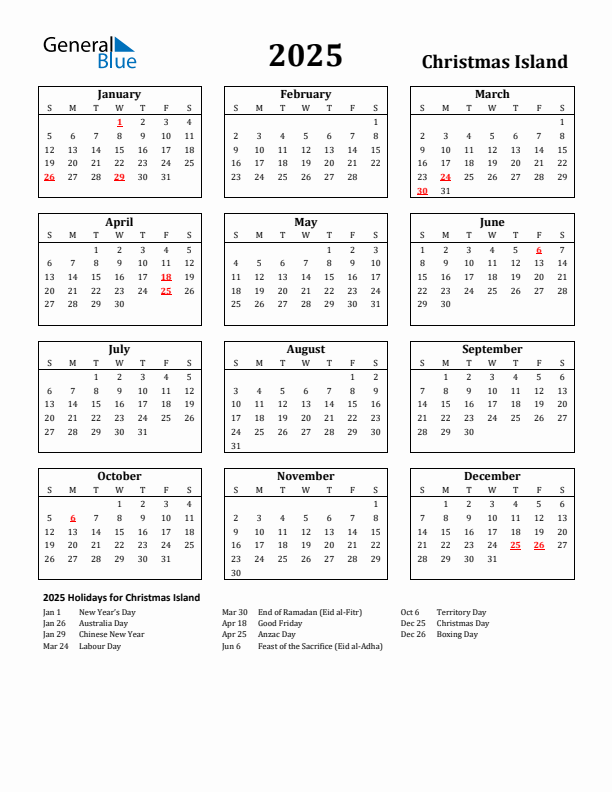 2025 Christmas Island Holiday Calendar - Sunday Start