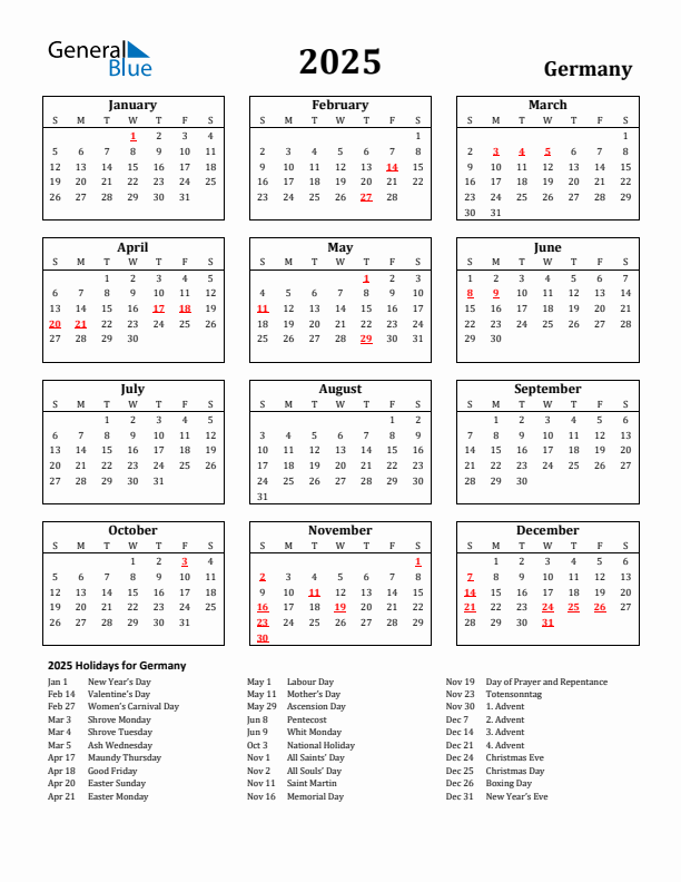 2025 Germany Holiday Calendar - Sunday Start