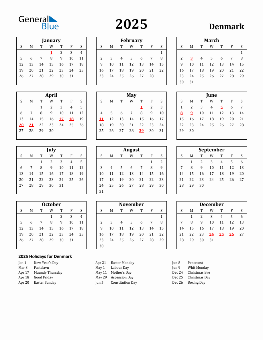 Free Printable 2025 Denmark Holiday Calendar