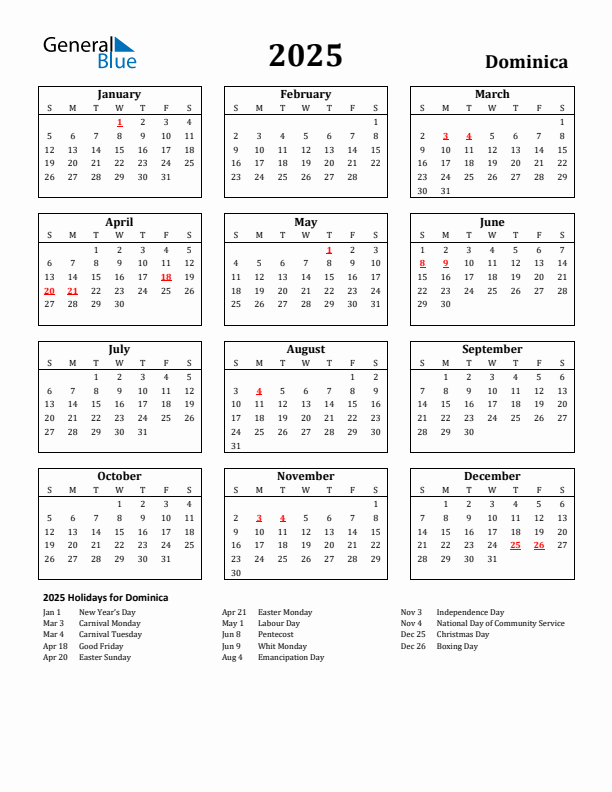 2025 Dominica Holiday Calendar - Sunday Start