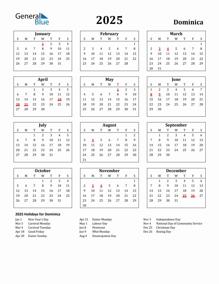 Free Printable 2025 Dominica Holiday Calendar
