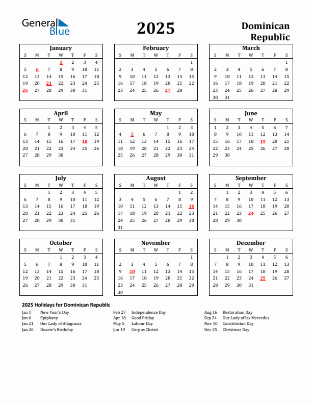 2025 Dominican Republic Holiday Calendar - Sunday Start