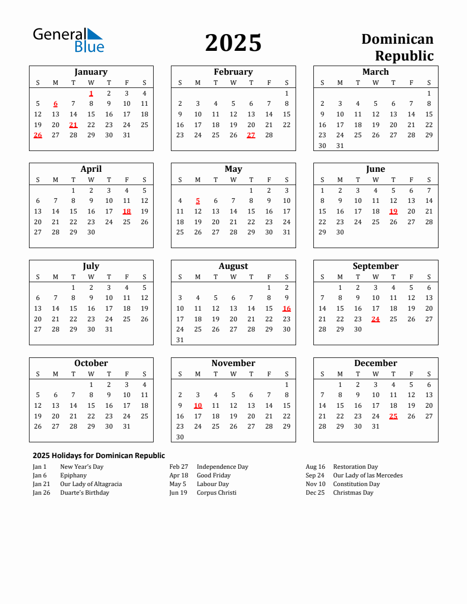 Free Printable 2025 Dominican Republic Holiday Calendar