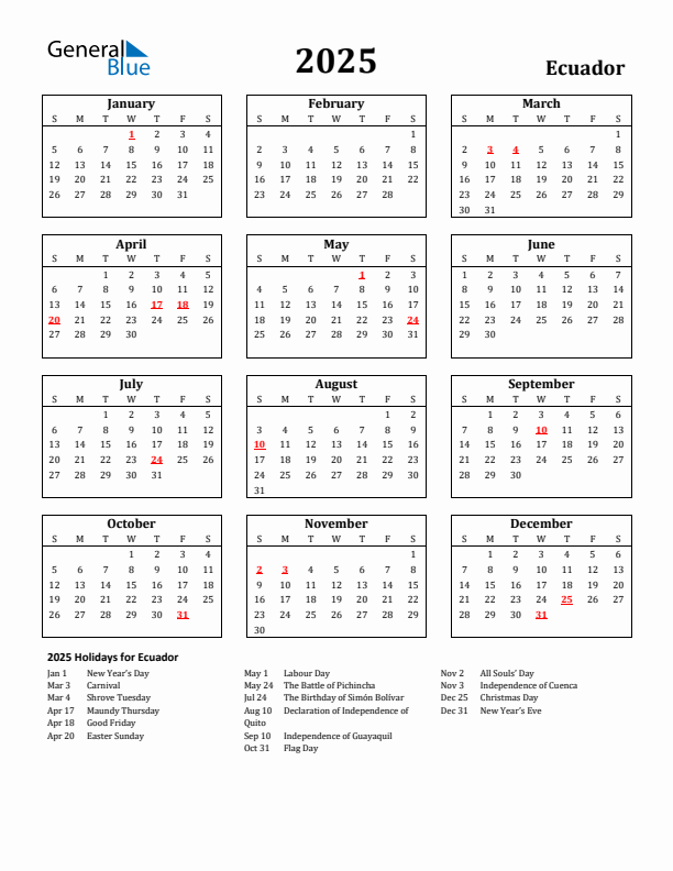 2025 Ecuador Holiday Calendar - Sunday Start