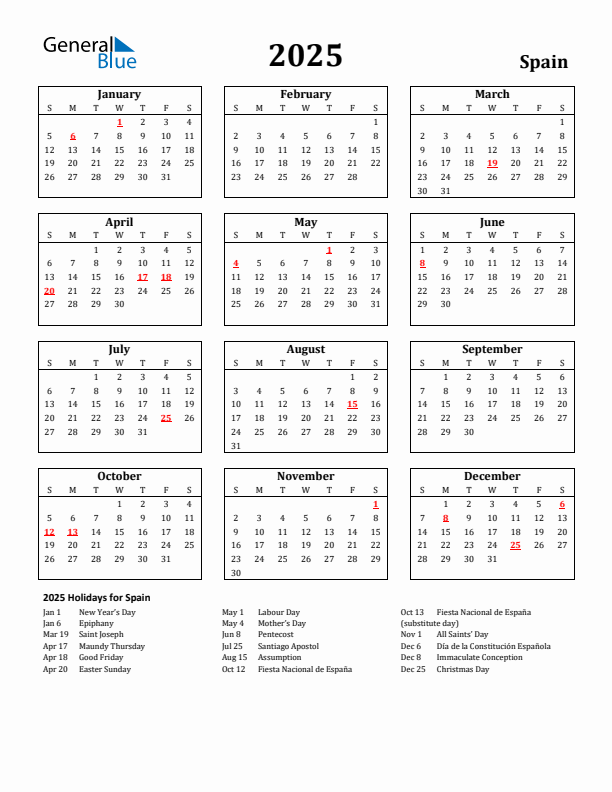 2025 Spain Holiday Calendar - Sunday Start