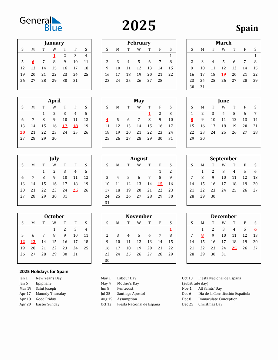 Free Printable 2025 Spain Holiday Calendar