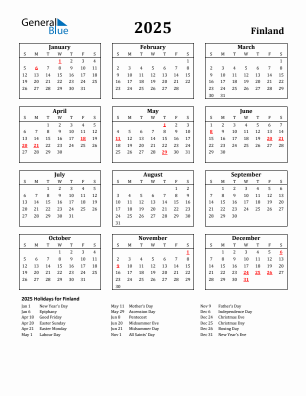 2025 Finland Holiday Calendar - Sunday Start