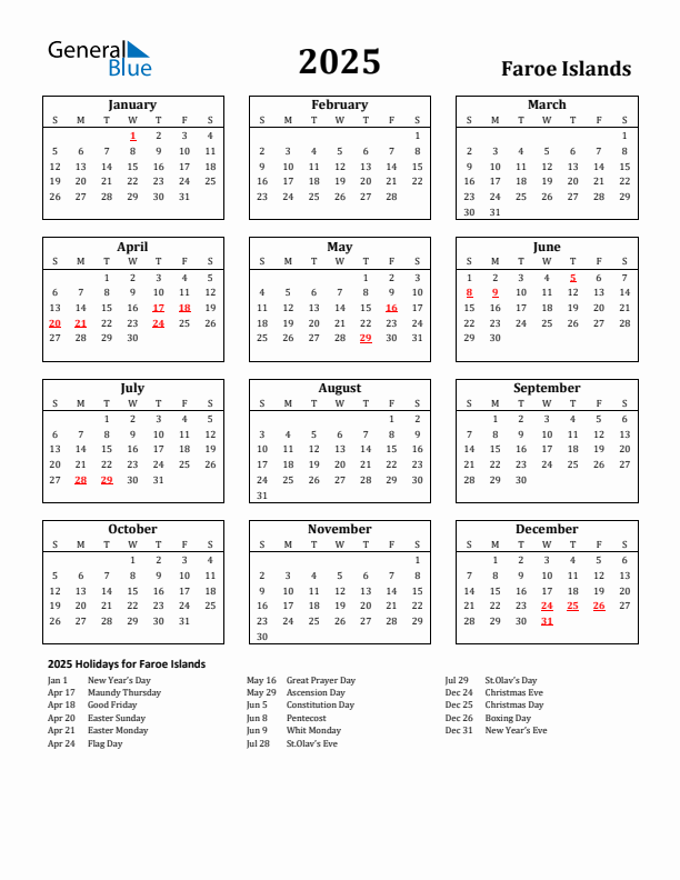 2025 Faroe Islands Holiday Calendar - Sunday Start