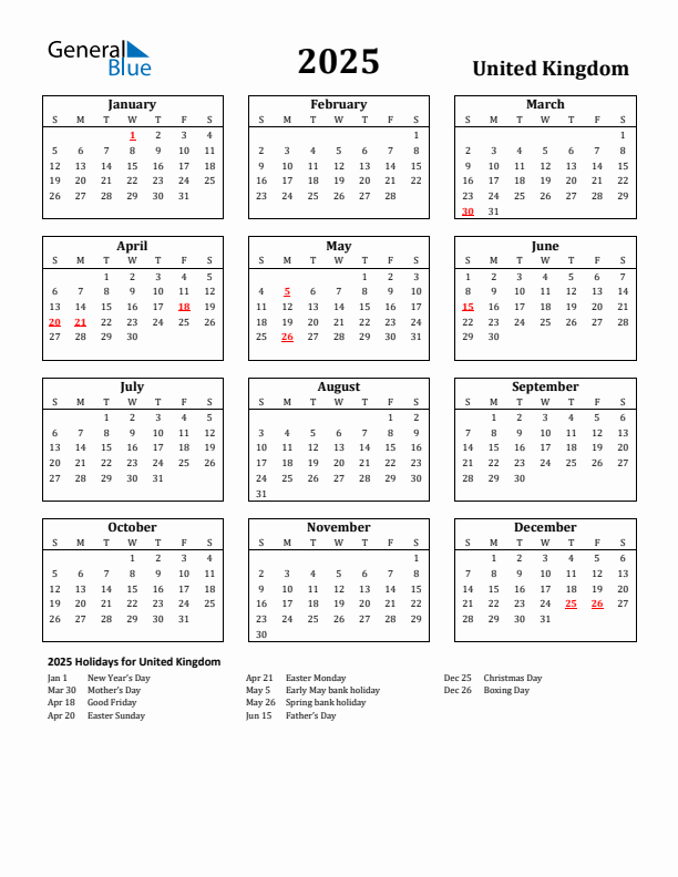 2025 United Kingdom Calendar With Holidays