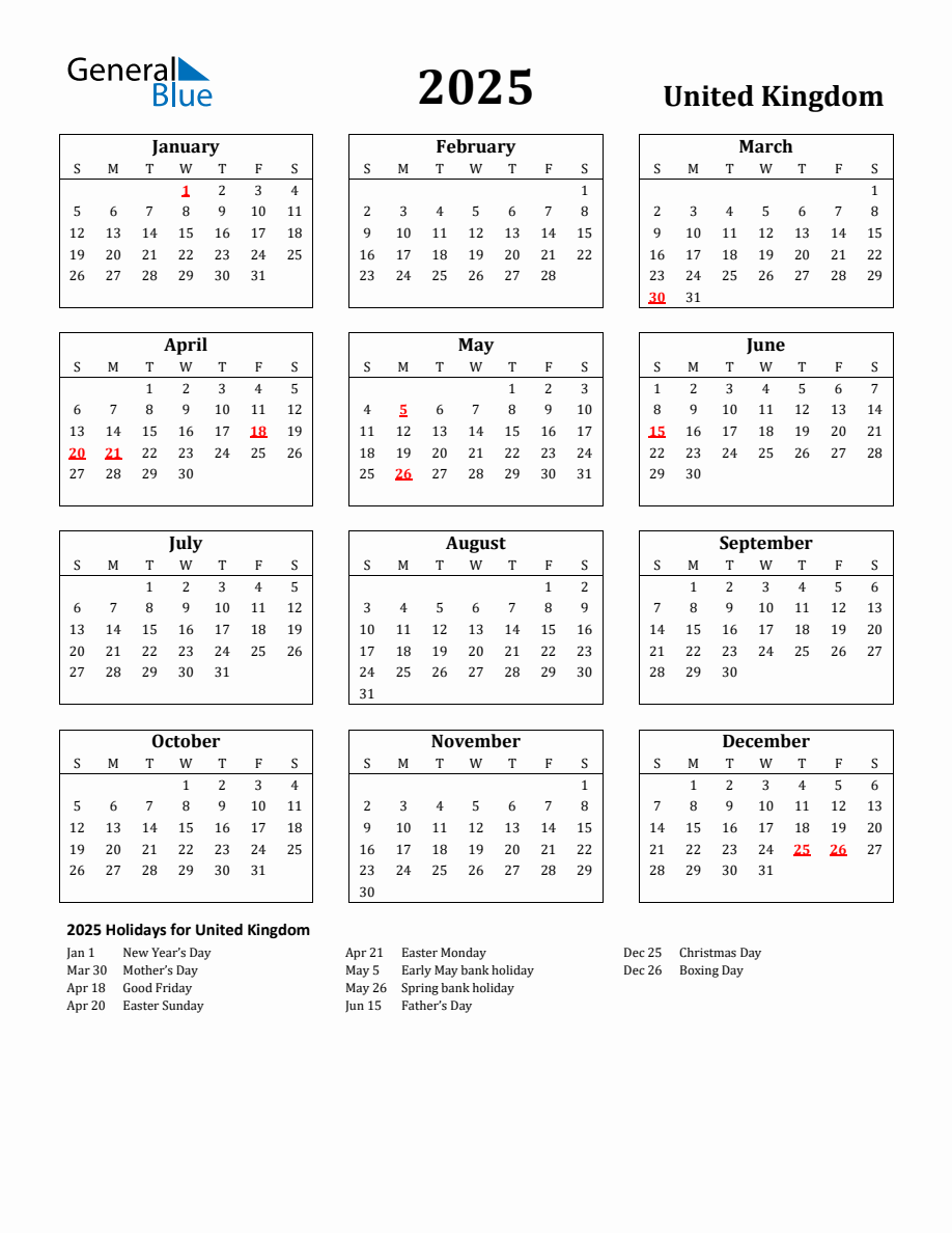 Free Printable 2025 United Kingdom Holiday Calendar