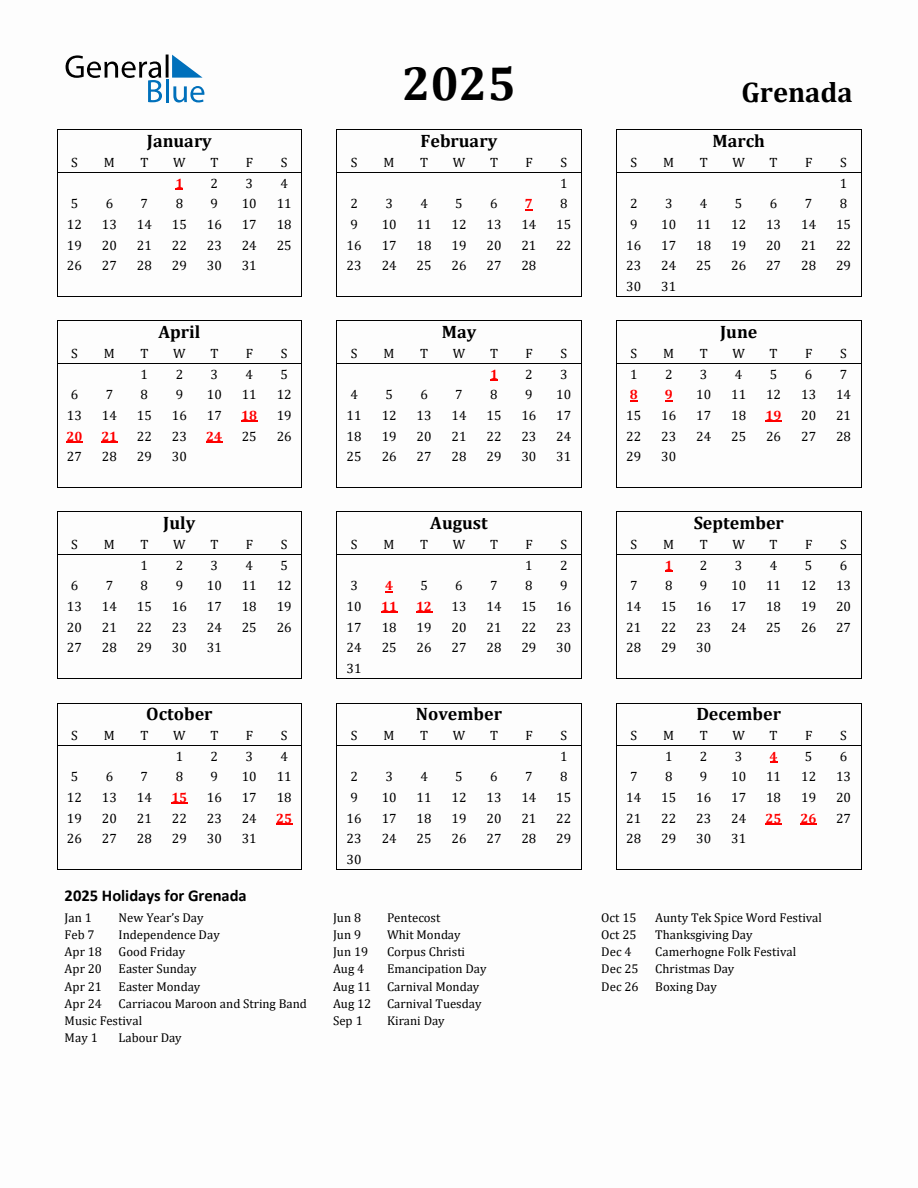 Free Printable 2025 Grenada Holiday Calendar