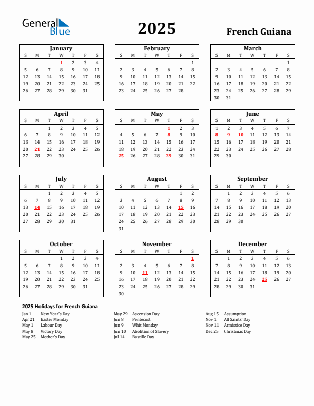 2025 French Guiana Holiday Calendar - Sunday Start