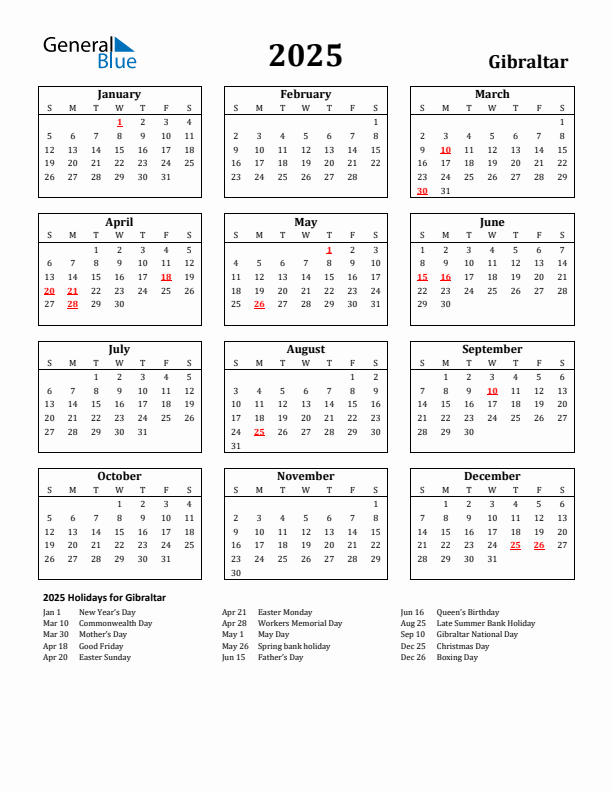2025 Gibraltar Holiday Calendar - Sunday Start