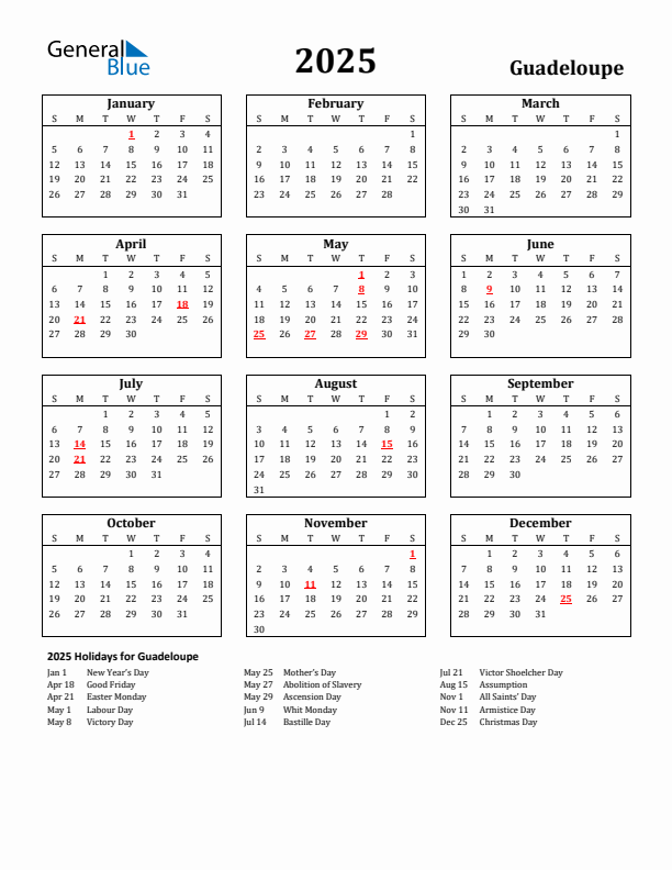 2025 Guadeloupe Holiday Calendar - Sunday Start