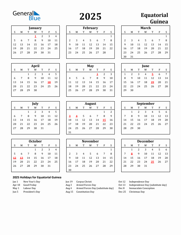 2025 Equatorial Guinea Holiday Calendar - Sunday Start
