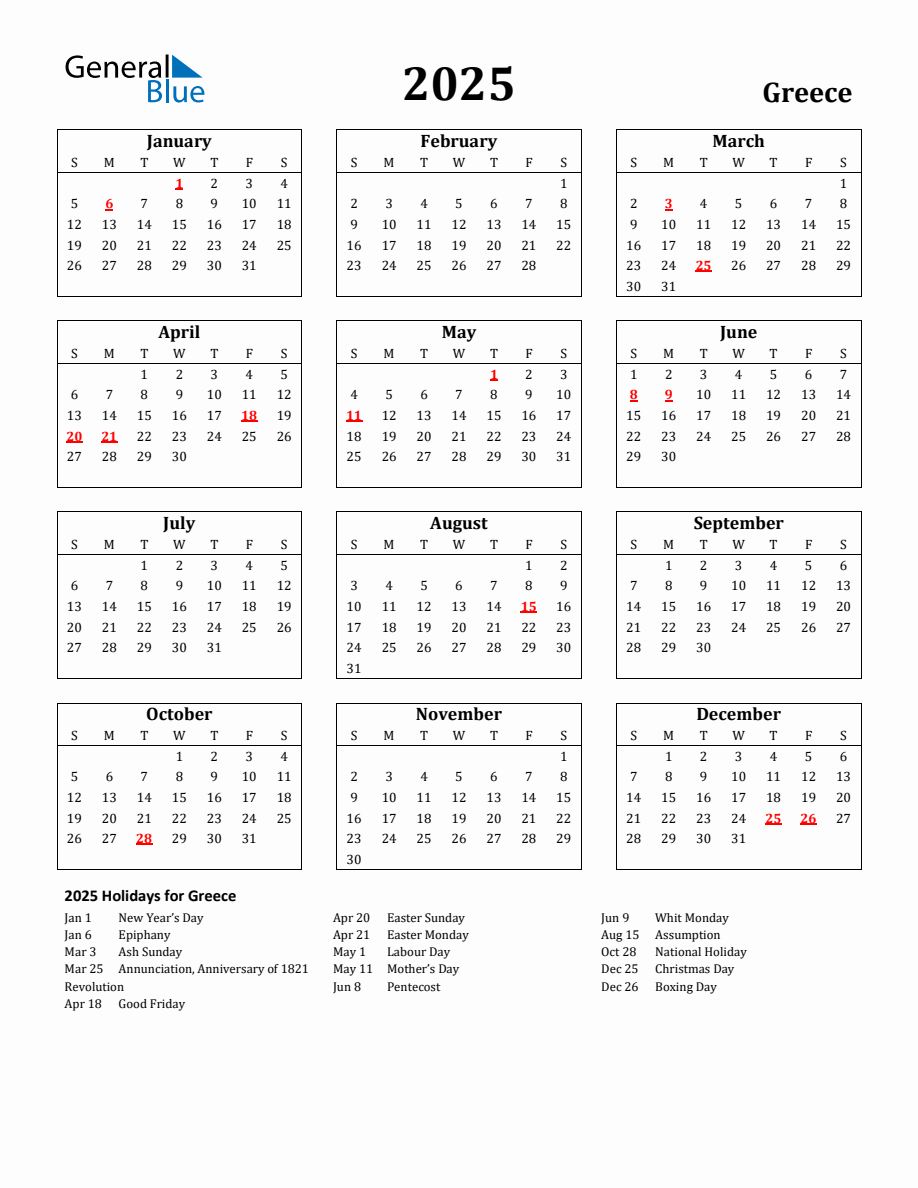 Free Printable 2025 Greece Holiday Calendar