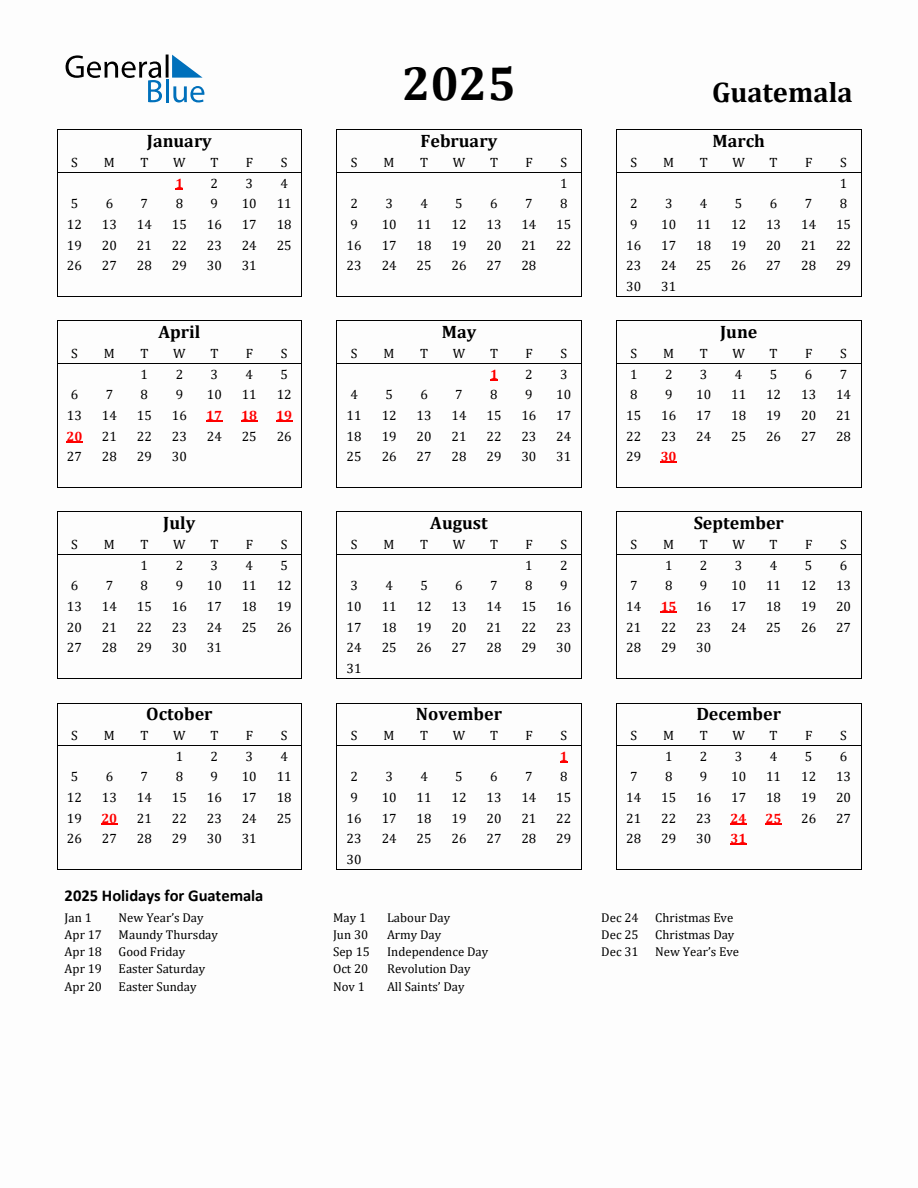 Free Printable 2025 Guatemala Holiday Calendar