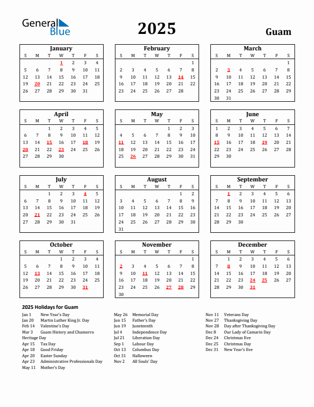 2025 Guam Holiday Calendar - Sunday Start