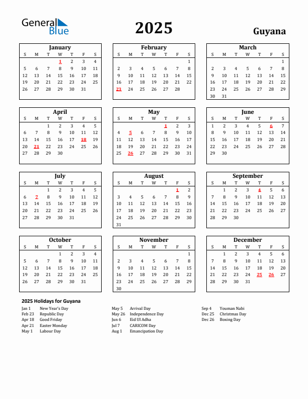 2025 Guyana Holiday Calendar - Sunday Start