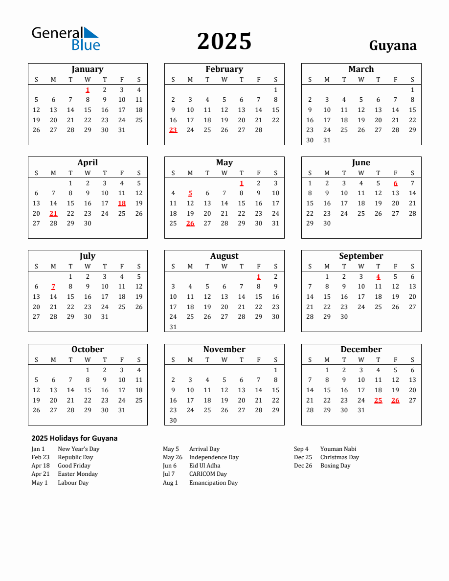 Free Printable 2025 Guyana Holiday Calendar