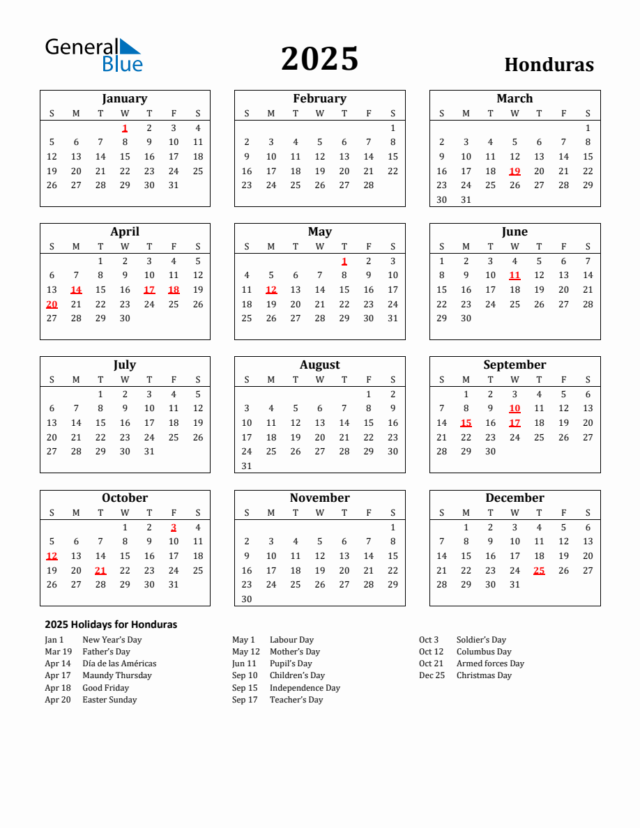 Free Printable 2025 Honduras Holiday Calendar