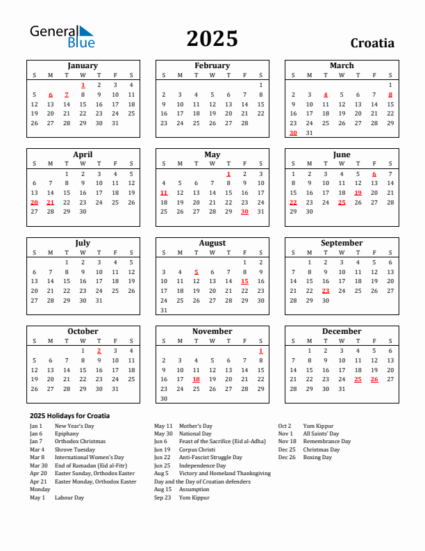2025 Croatia Holiday Calendar - Sunday Start