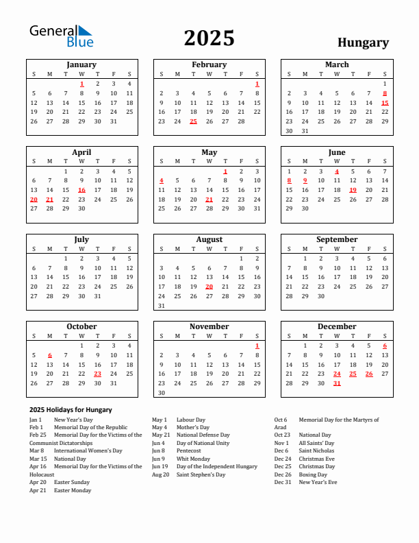 2025 Hungary Holiday Calendar - Sunday Start