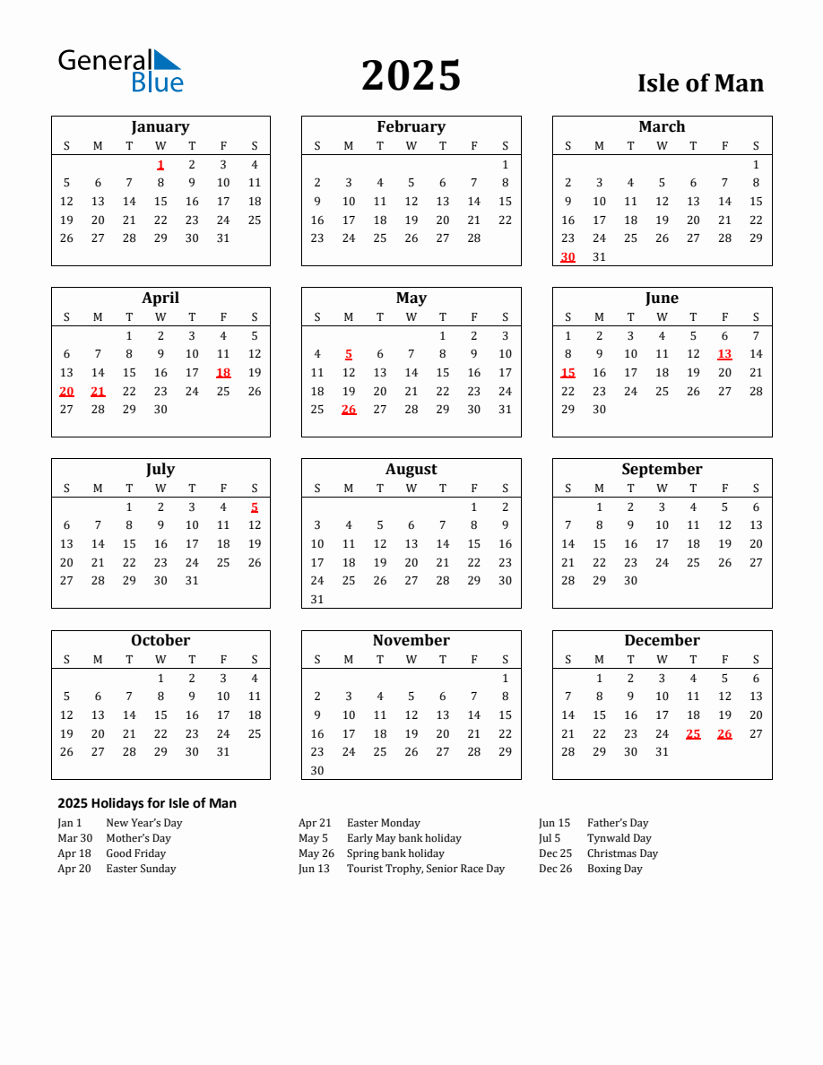 Free Printable 2025 Isle of Man Holiday Calendar