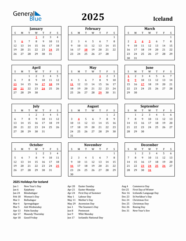 Free Printable 2025 Iceland Holiday Calendar