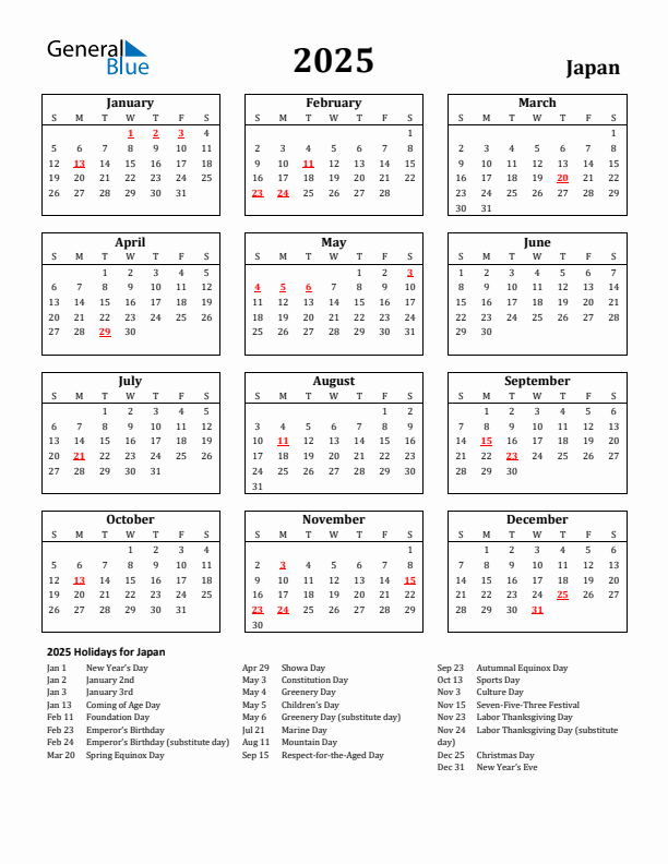 2025 Japan Holiday Calendar - Sunday Start