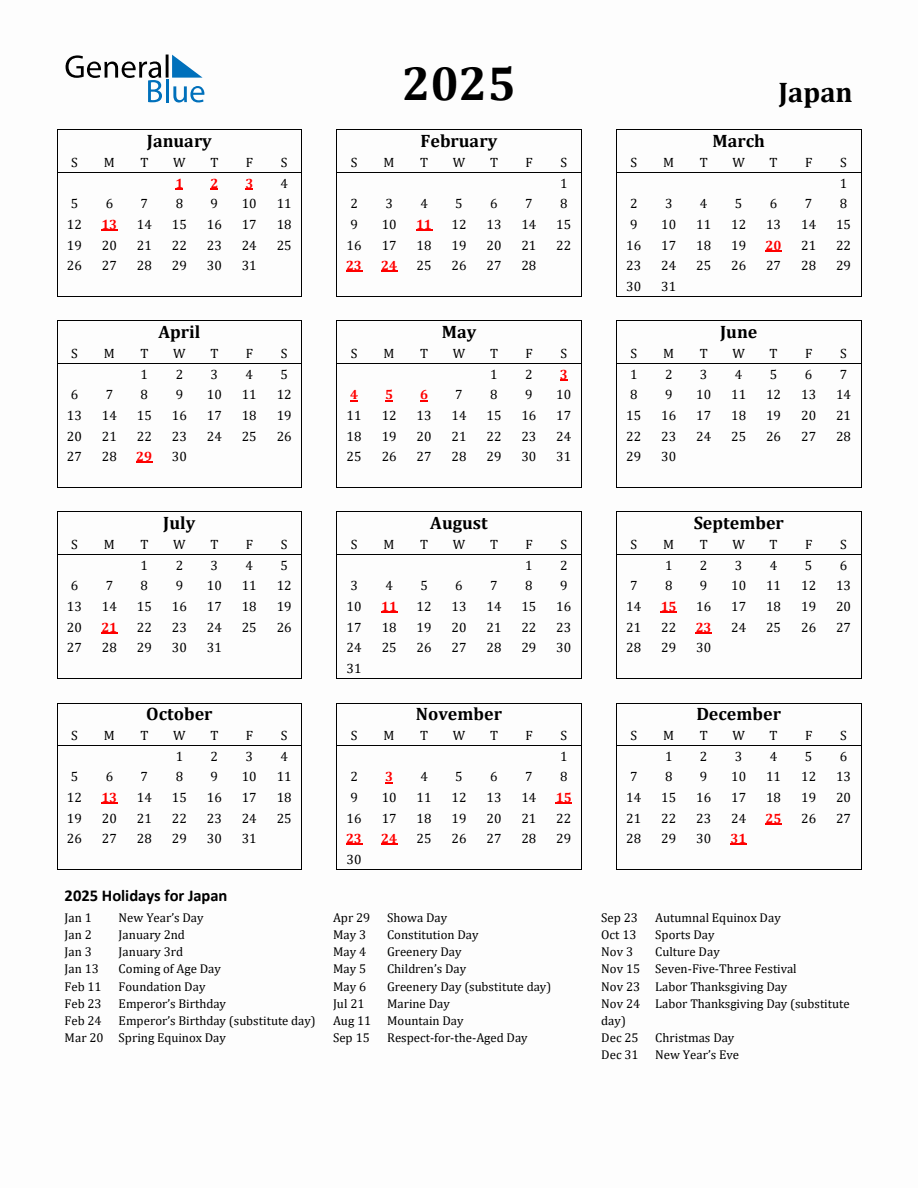 Free Printable 2025 Japan Holiday Calendar