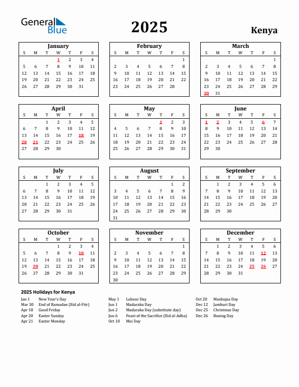 2025 Kenya Holiday Calendar - Sunday Start
