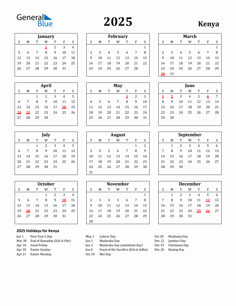 Free Printable 2025 Kenya Holiday Calendar