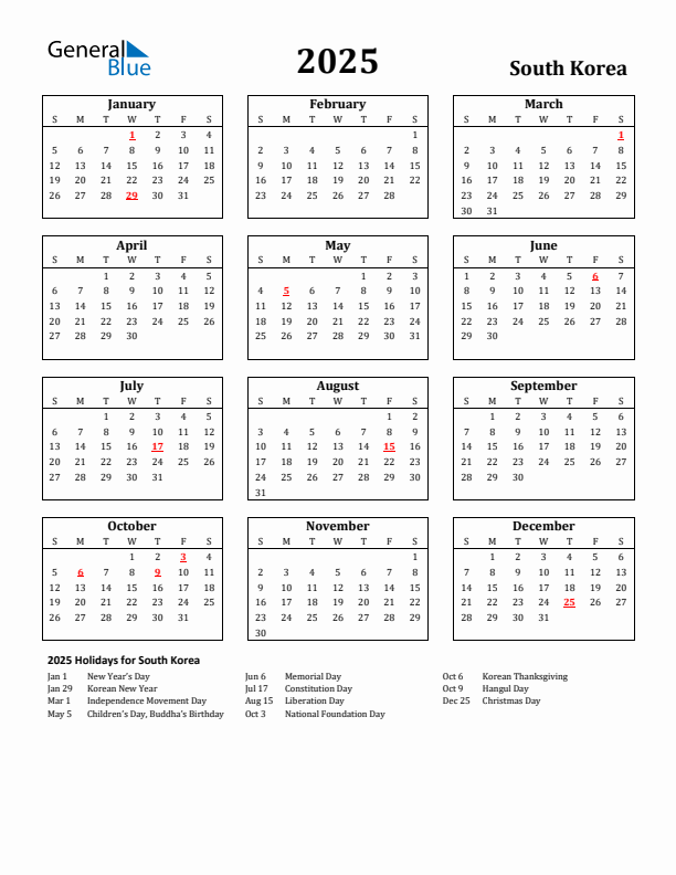 2025 South Korea Holiday Calendar - Sunday Start
