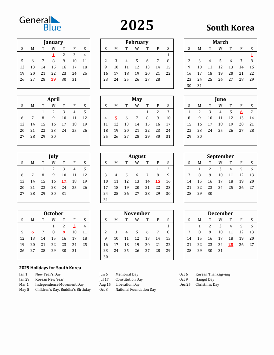 Free Printable 2025 South Korea Holiday Calendar