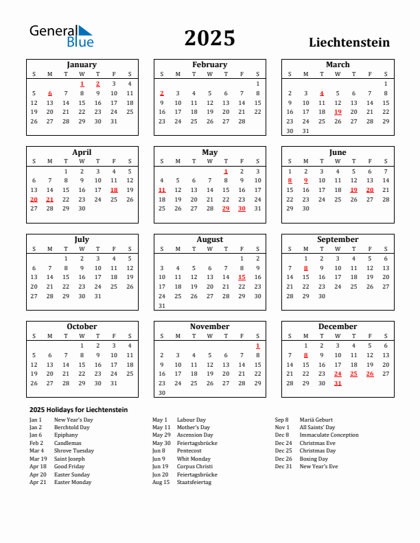 2025 Liechtenstein Holiday Calendar - Sunday Start