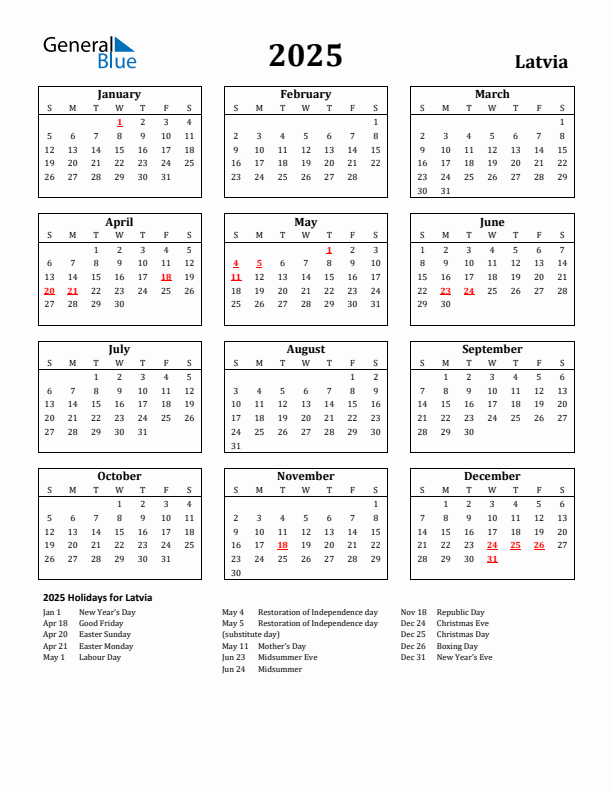 2025 Latvia Holiday Calendar - Sunday Start