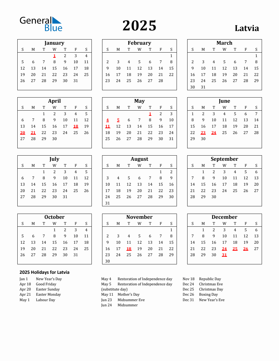 Free Printable 2025 Latvia Holiday Calendar